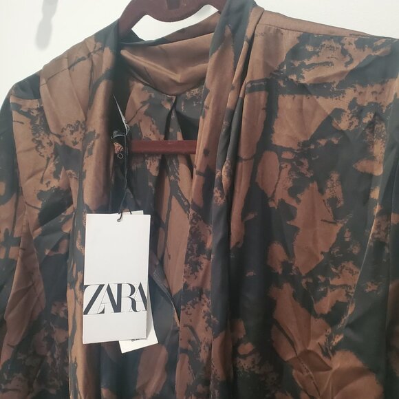 Zara New Brown & Black Abstract Tie Front Blouse with Full Cut Out Long Sleeve L - Picture 5 of 15